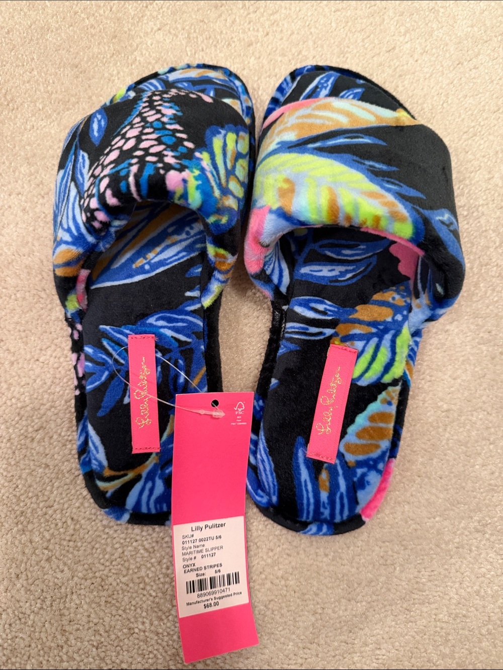 Lilly Pulitzer Velour Black Multi Floral Slide Slippers NWT